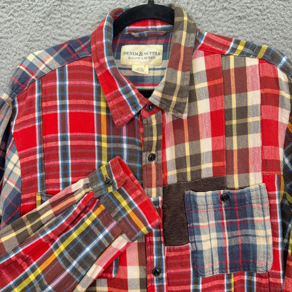 VTG Ralph Lauren Shirt Men XL Multi Color Patchwork Plaid Flannel Denim Supply - Picture 2 of 9